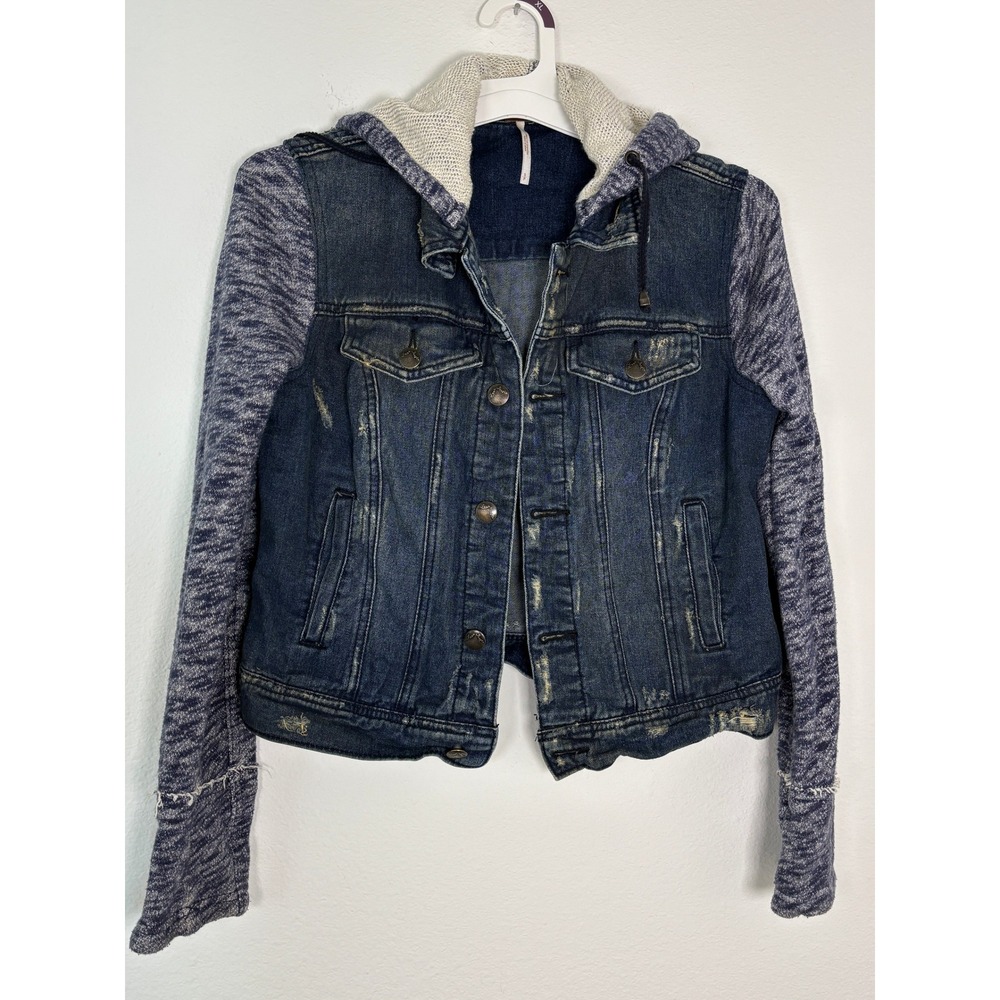 Free People Hooded Denim Jacket Mixed Media Knit Sleeve Distressed Blue Small